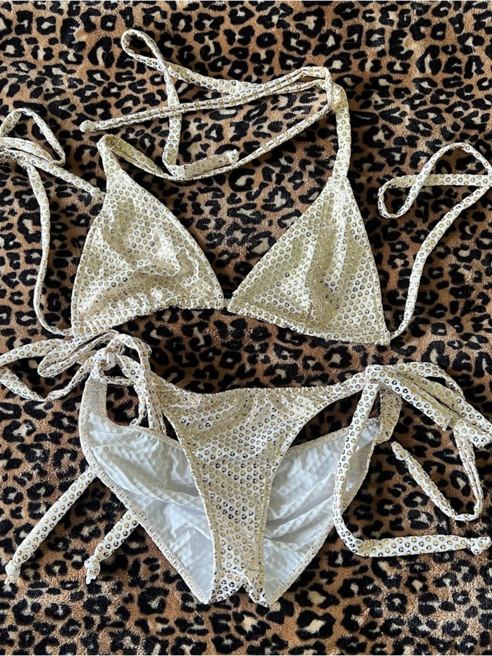 Gold Sequin Triangle Bikini Set - Women's Tie-Side Swimwear